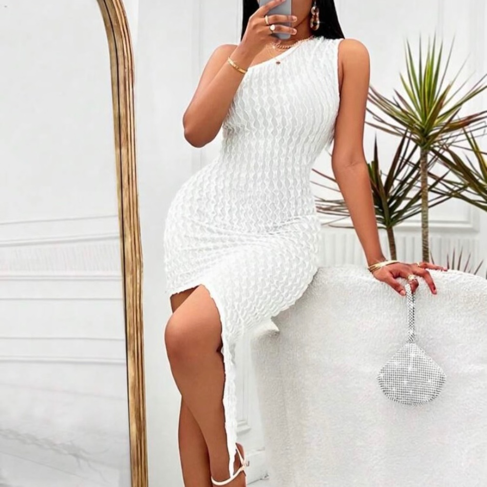 Asymmetrical One Shoulder Ruffled Dress | White Color